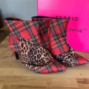 Betsey Johnson Red Plaid and Leopard Ankle Boots